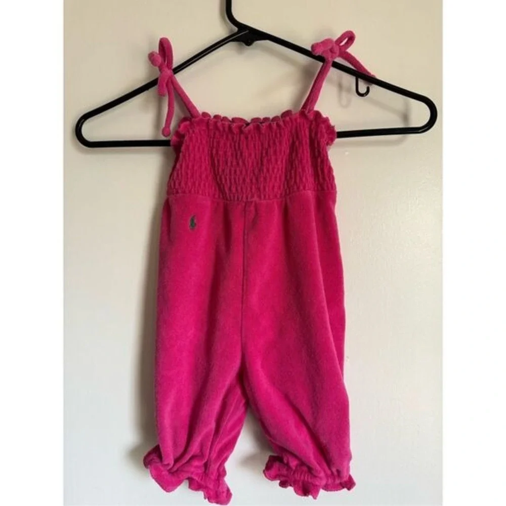 Ralph‎ Lauren Baby Girl sz 9 Mo Pink Terrycloth Rutched Ruffle One Piece Beachy
